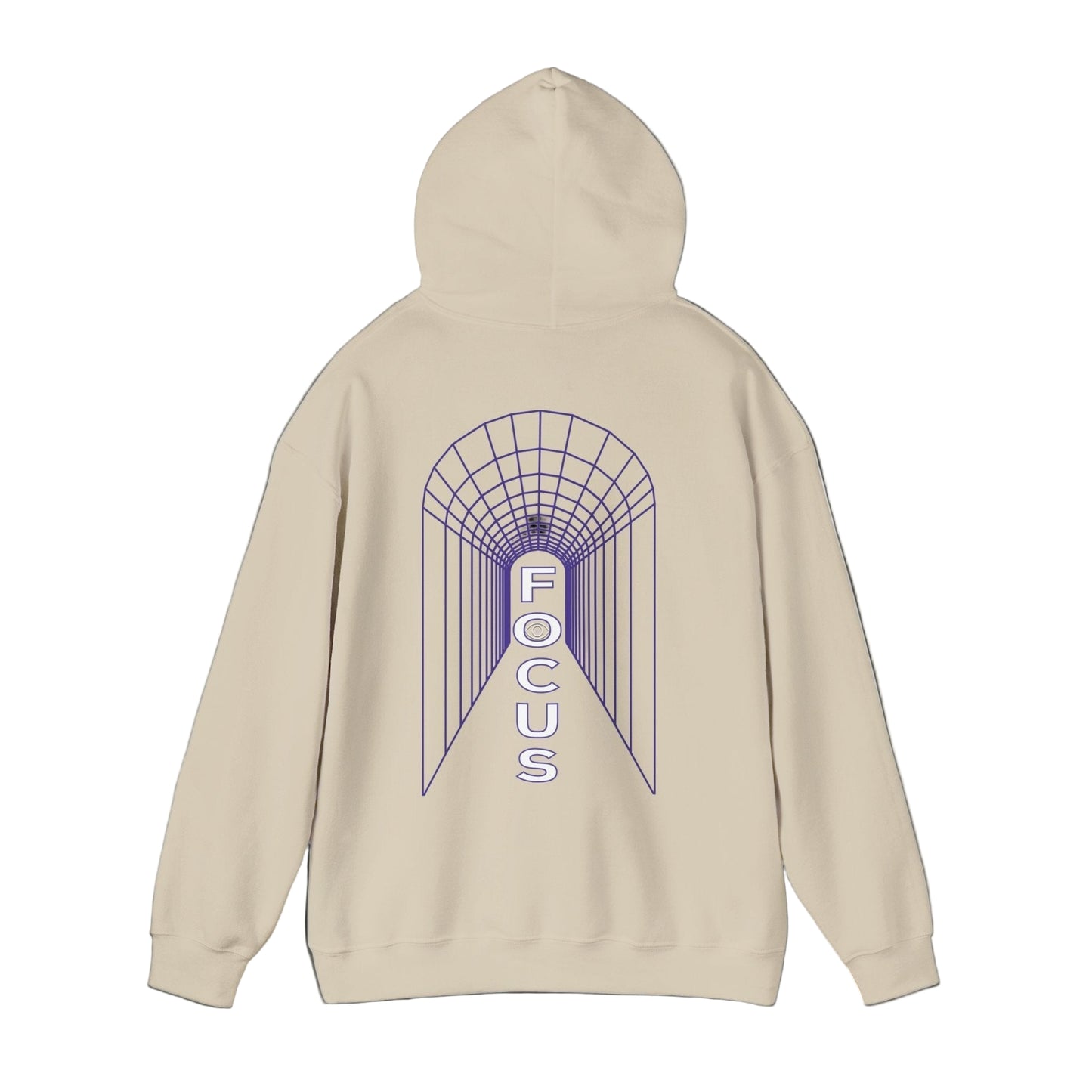Beige hoodie with 'FOCUS' design on the back against a white background