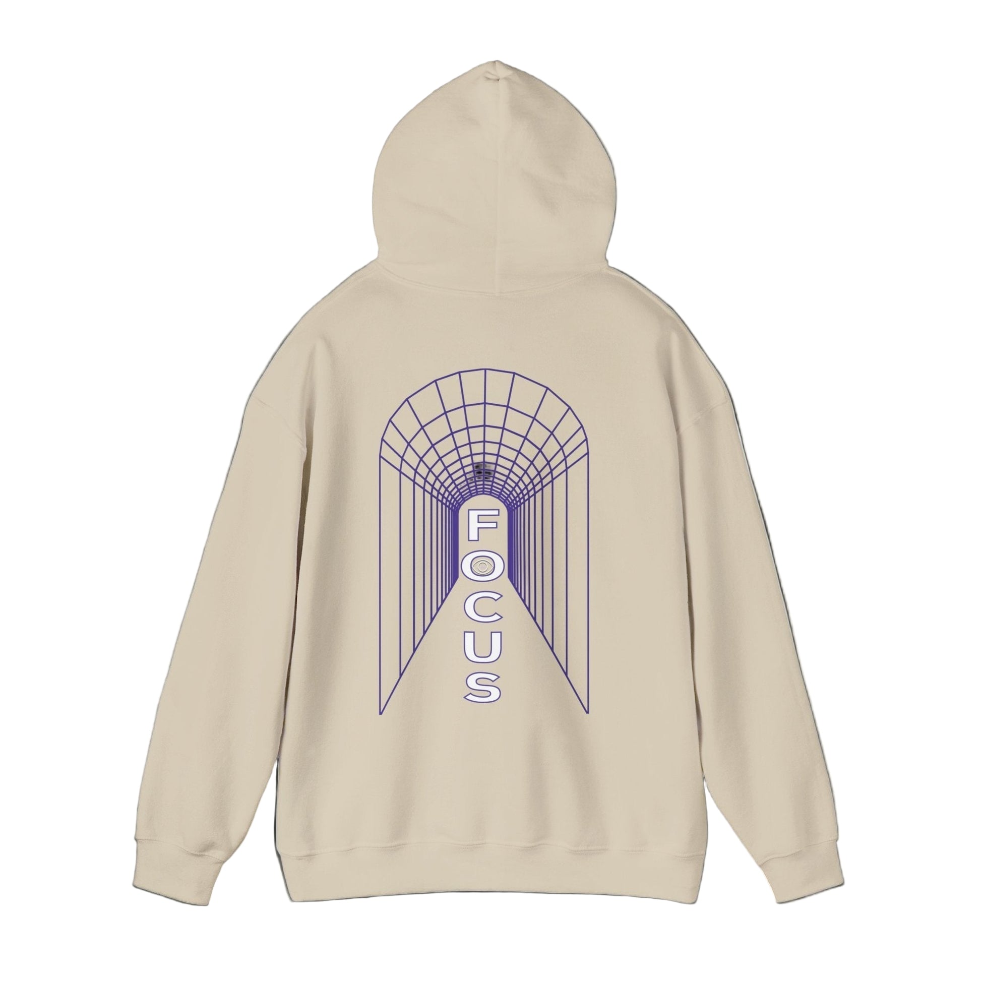 Beige hoodie with 'FOCUS' design on the back against a white background