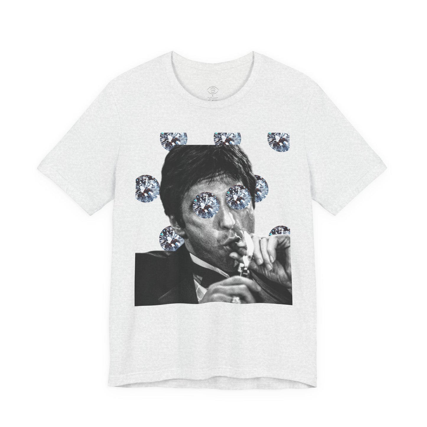 Ash Grey t-shirt with a graphic of a person smoking and surrounded by diamonds on a white background
