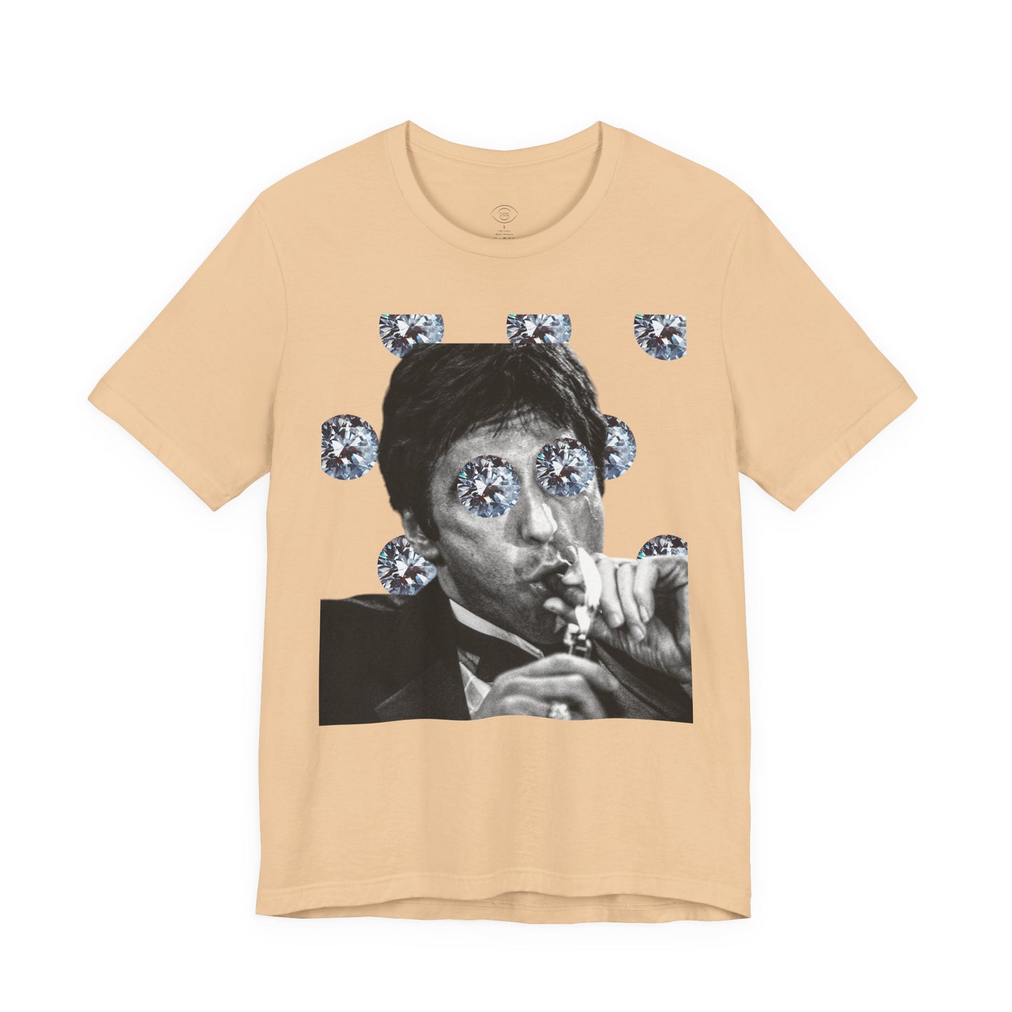 Sand t-shirt with a graphic of a person smoking and surrounded by diamonds on a white background