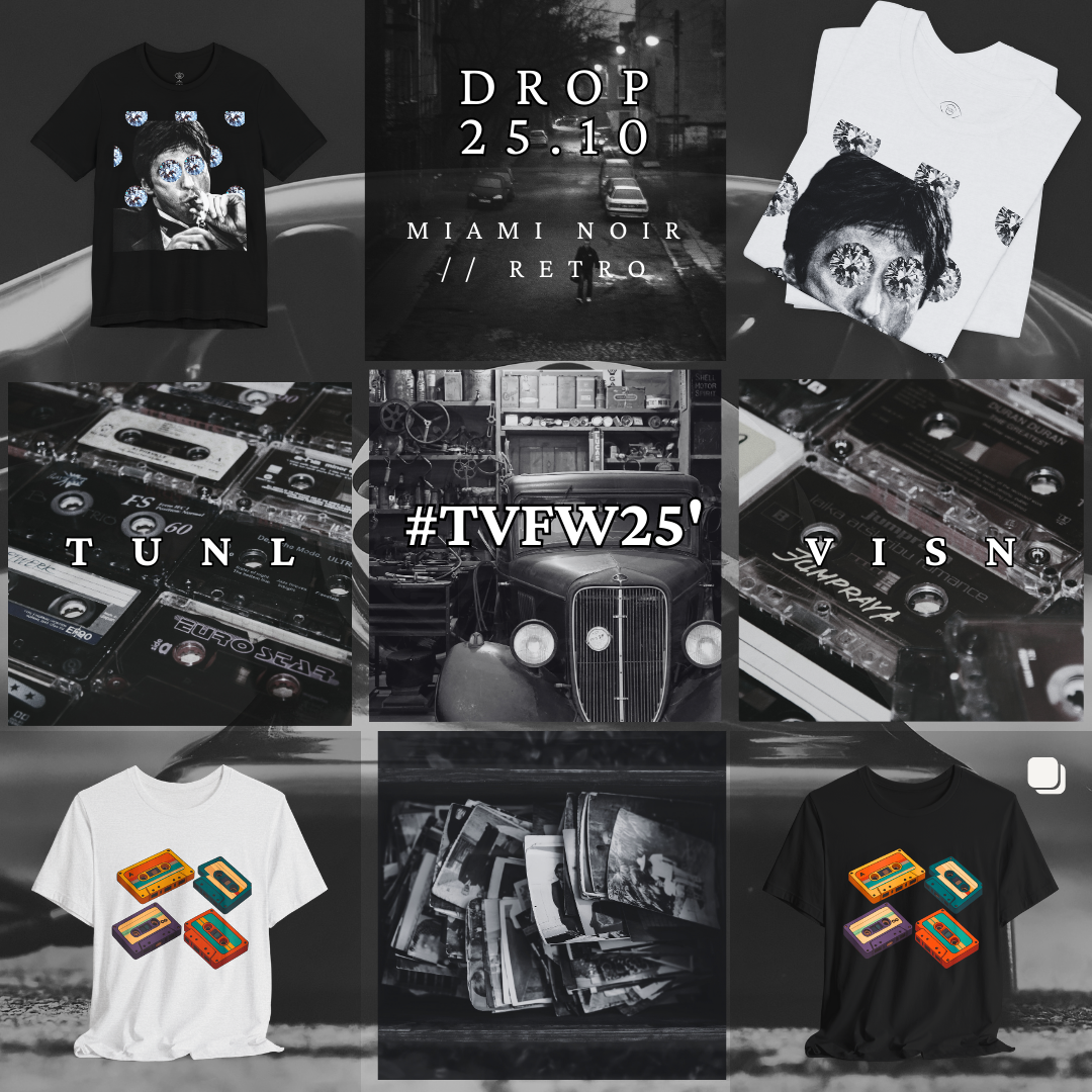 Black tee with noir silhouette lighting a cigar, diamond pattern background—Tunl Visn retro graphic shirt.