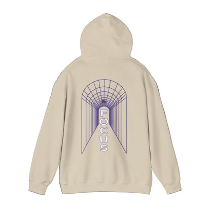 Beige hoodie with 'FOCUS' design on the back against a white background