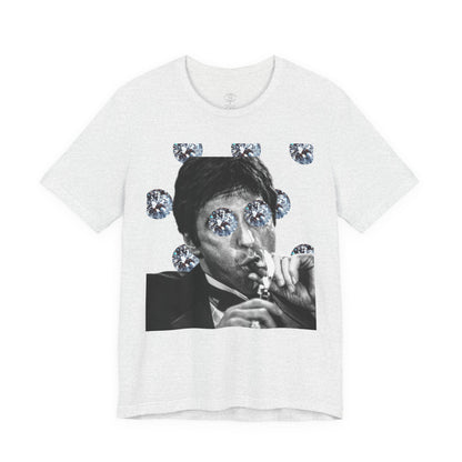 Ash Grey t-shirt with a graphic of a person smoking and surrounded by diamonds on a white background