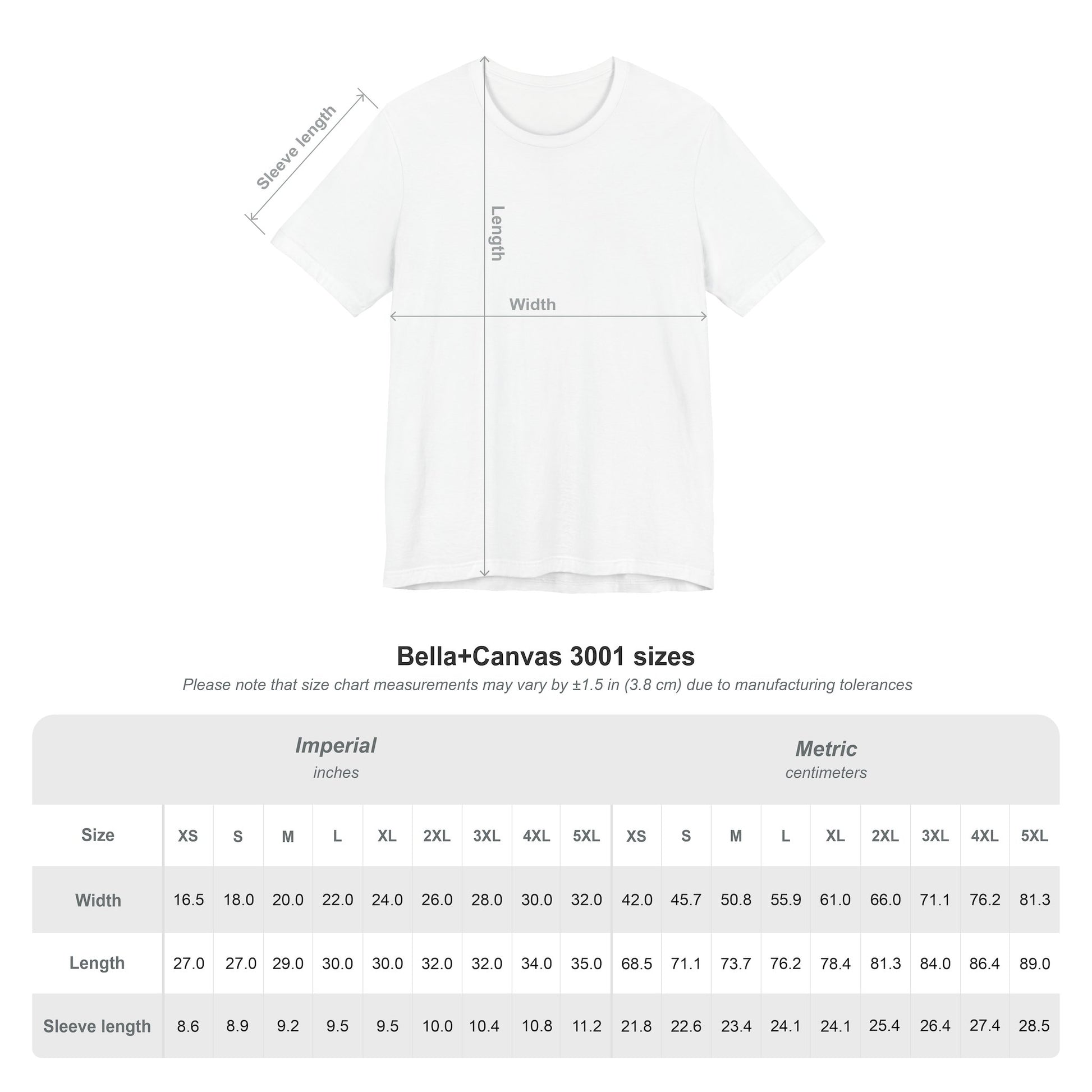 Bella+Canvas 3001 with measurement chart on a white background
