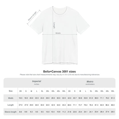 Bella+Canvas 3001 with measurement chart on a white background