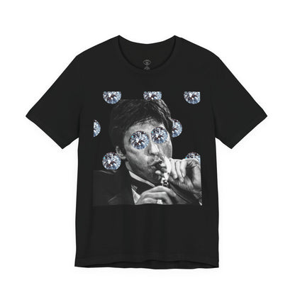 Black t-shirt with a graphic design of a person smoking a cigarette surrounded by diamonds on a white background.