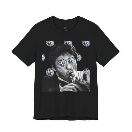 Black t-shirt with a graphic design of a person smoking a cigarette surrounded by diamonds on a white background.