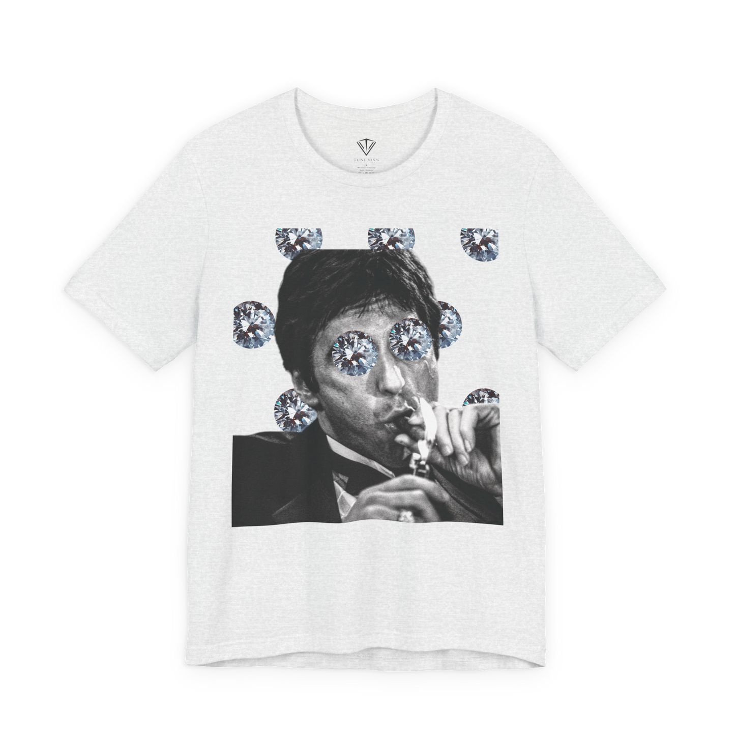 Tunl Visn “Diamond Kingpin” Tee — Miami-noir streetwear with Y2K chrome attitude.