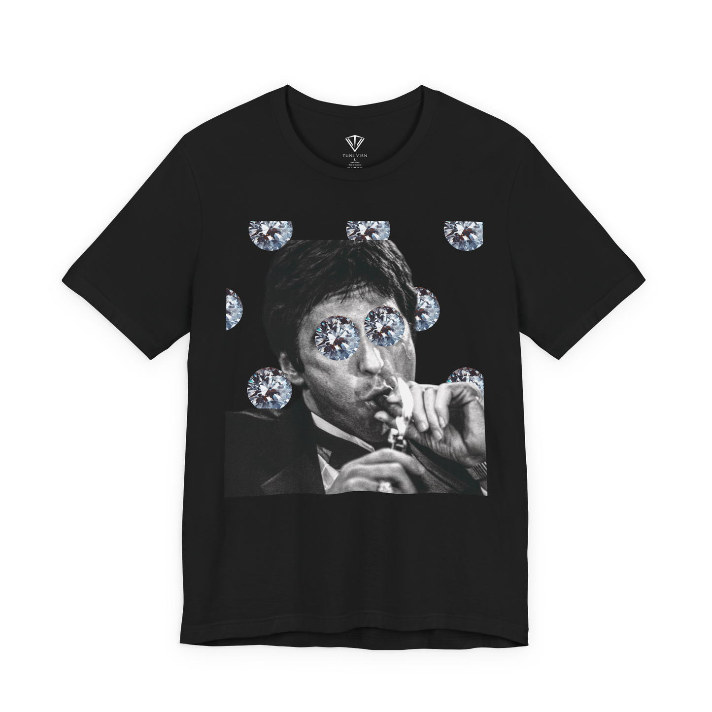 Tunl Visn “Diamond Kingpin” Tee — Miami-noir streetwear with Y2K chrome attitude.