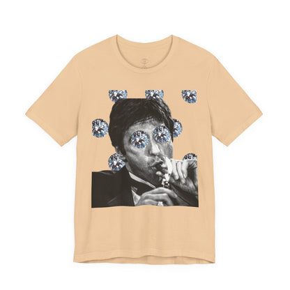 Sand t-shirt with a graphic of a person smoking and surrounded by diamonds on a white background