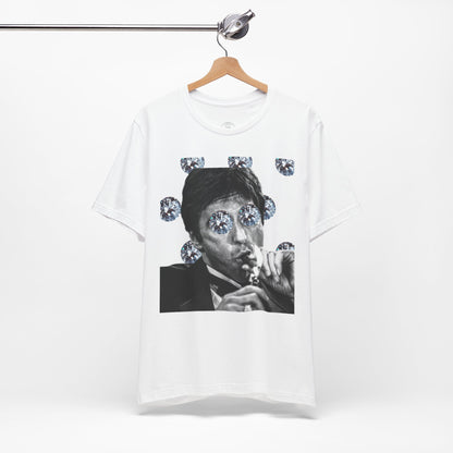 White t-shirt with a graphic design of a person smoking a cigarette surrounded by diamonds on a white background.