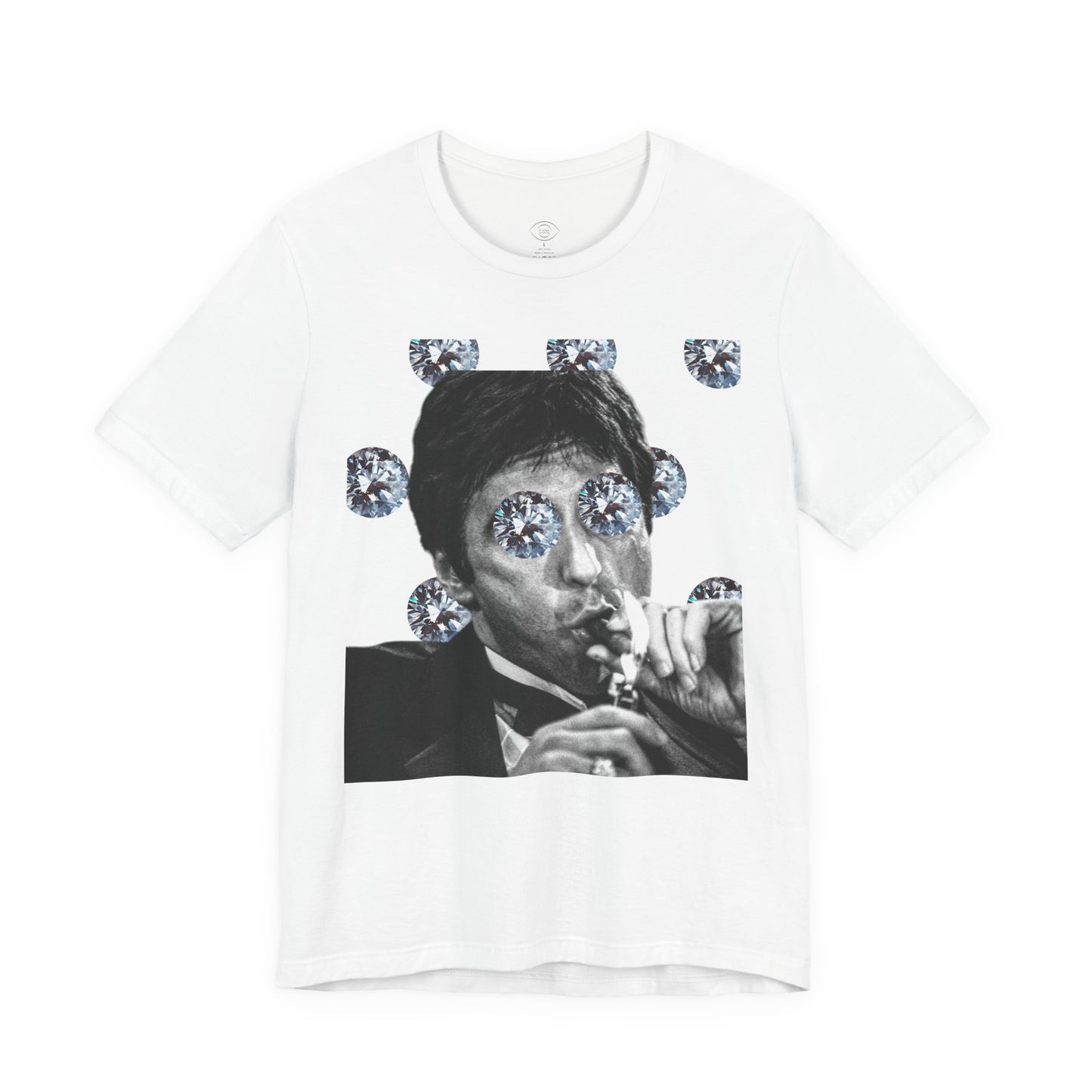 White t-shirt with a graphic of a person smoking and rhinestone embellishments on a white background