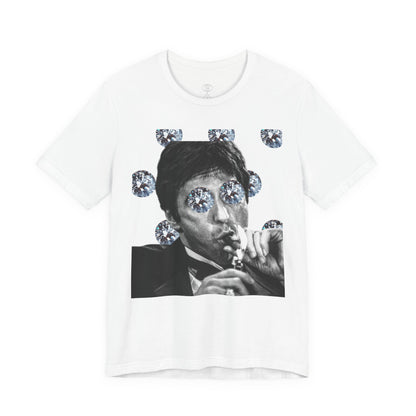 White t-shirt with a graphic of a person smoking and rhinestone embellishments on a white background