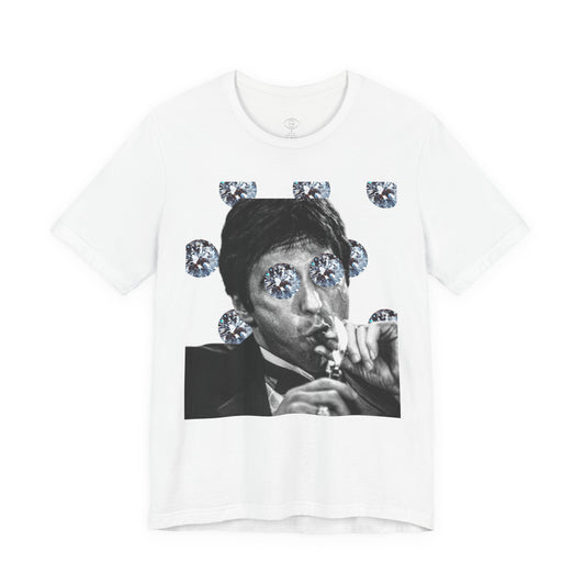 White t-shirt with a graphic of a person smoking and rhinestone embellishments on a white background